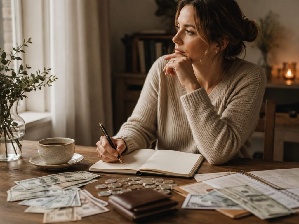 Mulher refletindo sobre crenças de dinheiro diante de caderno, notas e moedas.