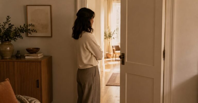Mulher em casa refletindo sobre mudanças e padrões de comportamento