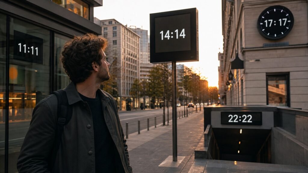 Homem vendo horas iguais em todos os lugares.