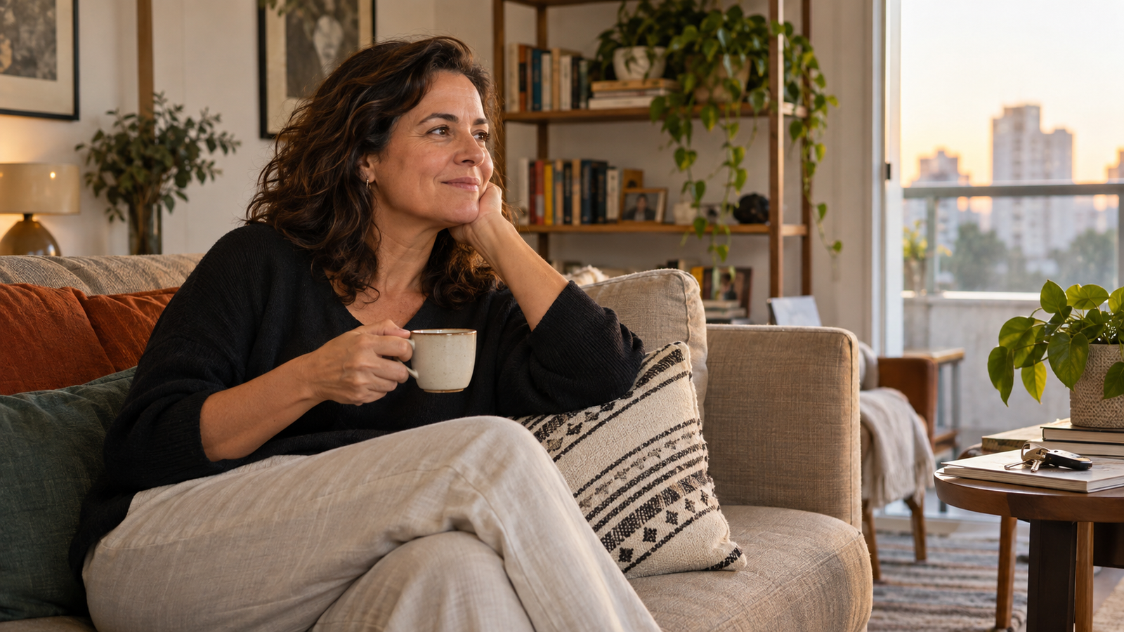 Mulher tomando café no seu próprio apartamento