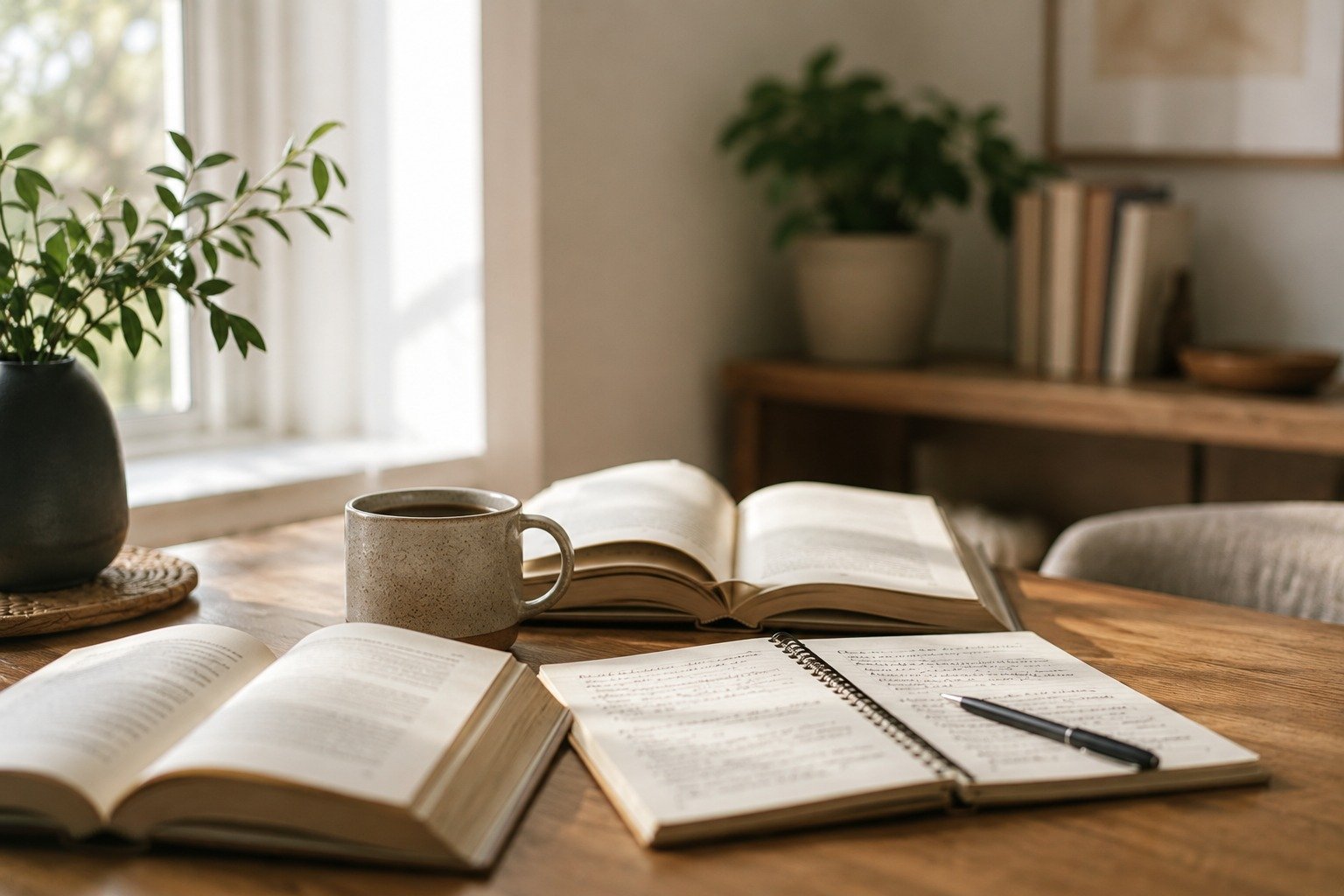 Mesa de madeira com livros abertos, caderno e xícara de café em ambiente iluminado por luz natural.