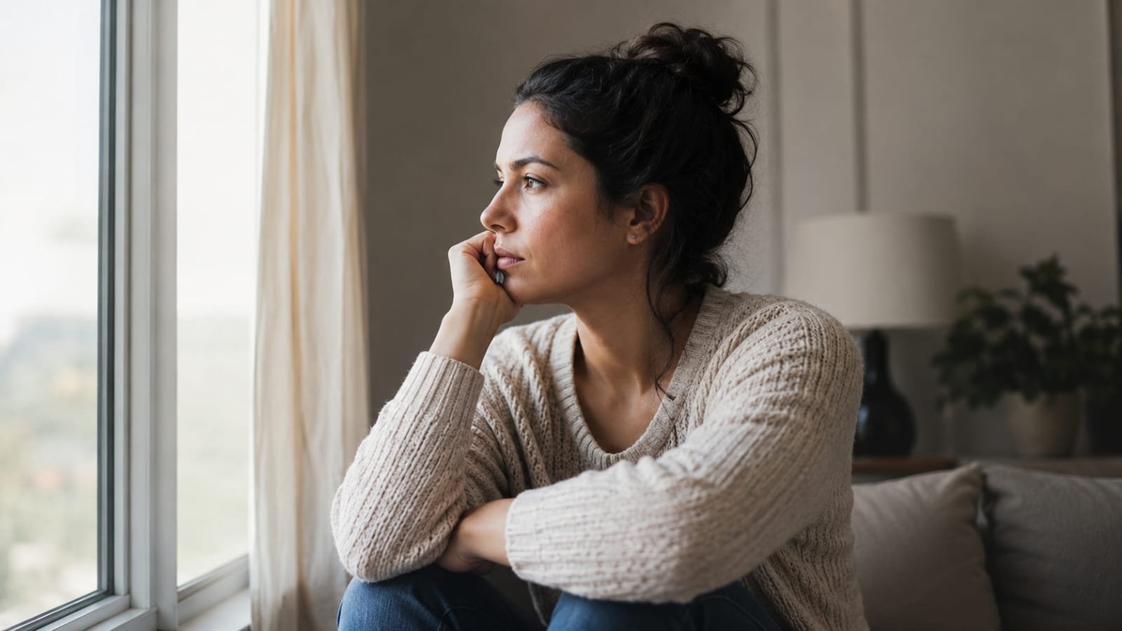 Mulher sozinha em ambiente doméstico, simbolizando isolamento em uma relação abusiva.