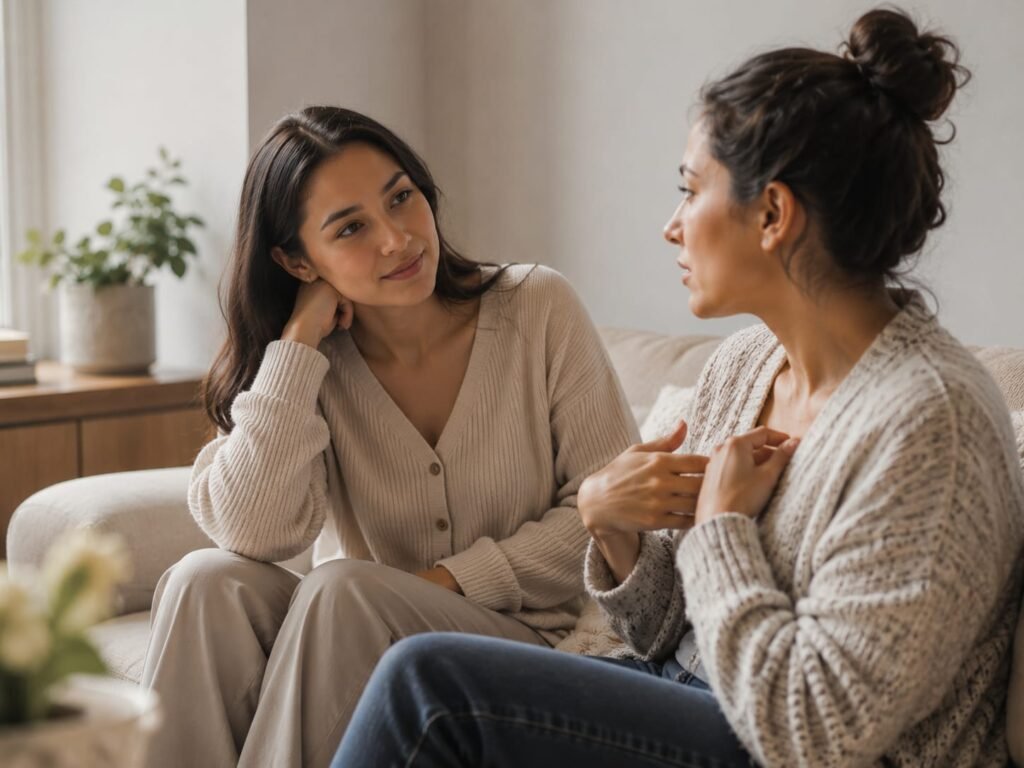 Duas mulheres em conversa de apoio, simbolizando rede de acolhimento e proteção.