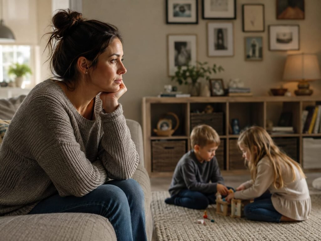 Mulher observa os filhos brincando enquanto reflete sobre decisões familiares e a dificuldade de sair de um relacionamento abusivo.