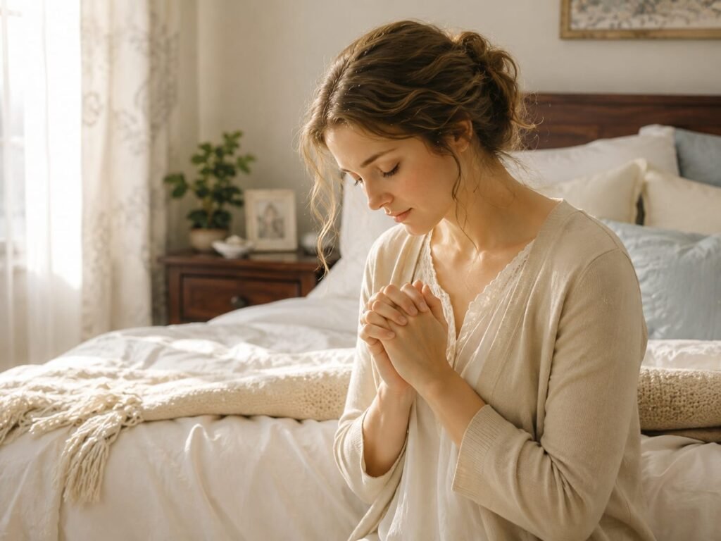 Mulher adulta em oração no quarto, com as mãos unidas e a cabeça levemente abaixada, em um momento de paz e recolhimento.
