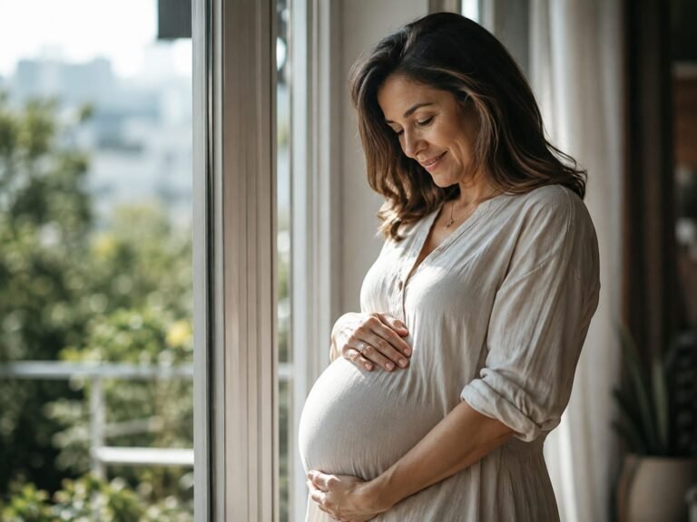 Mulher madura grávida, feliz, contemplando a barriga.