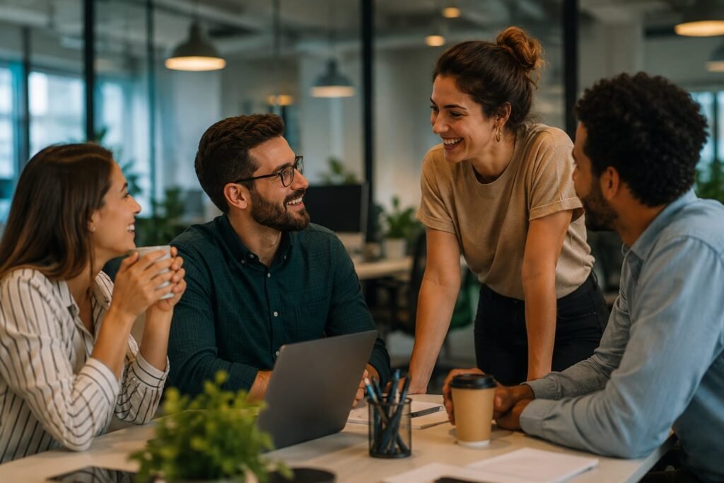 Pessoas em ambiente de trabalho, representando convivência social e formação de vínculos na vida adulta.