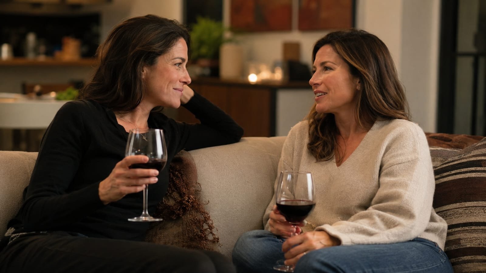 Duas mulheres conversando tomando vinho