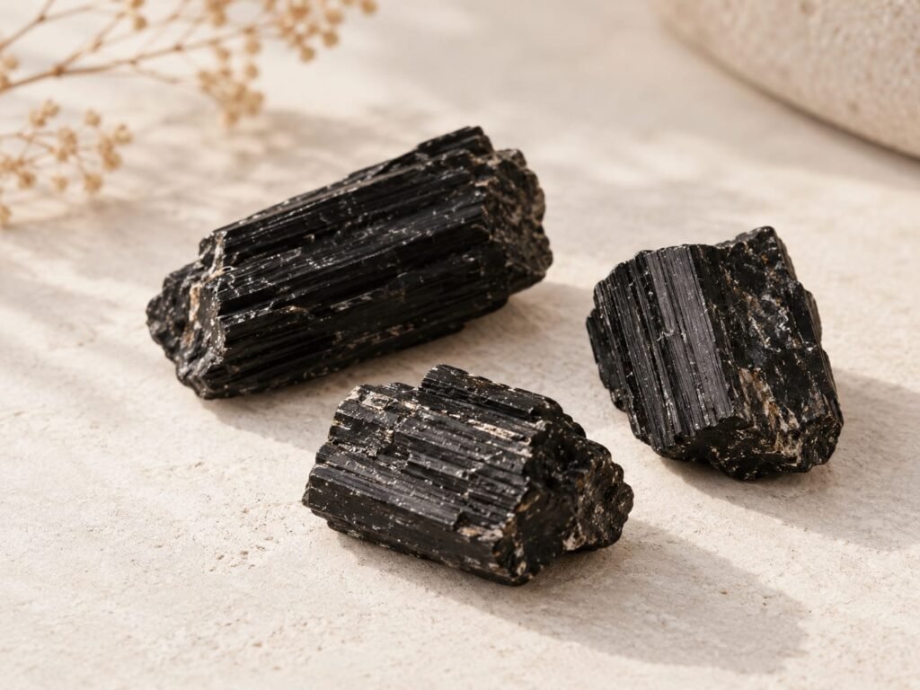 Turmalinas negras, associadas simbolicamente à proteção e ao estabelecimento de limites.