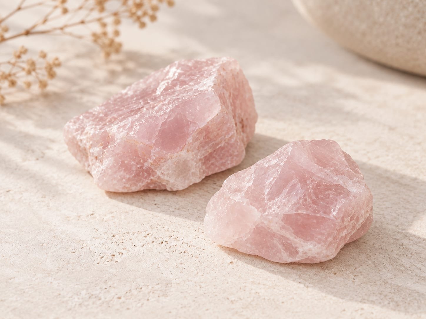 Quartzo rosa, associado simbolicamente ao amor, à afetividade e ao cuidado.