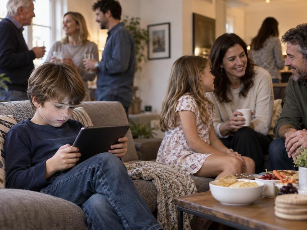 Criança com tablet enquanto todos interagem