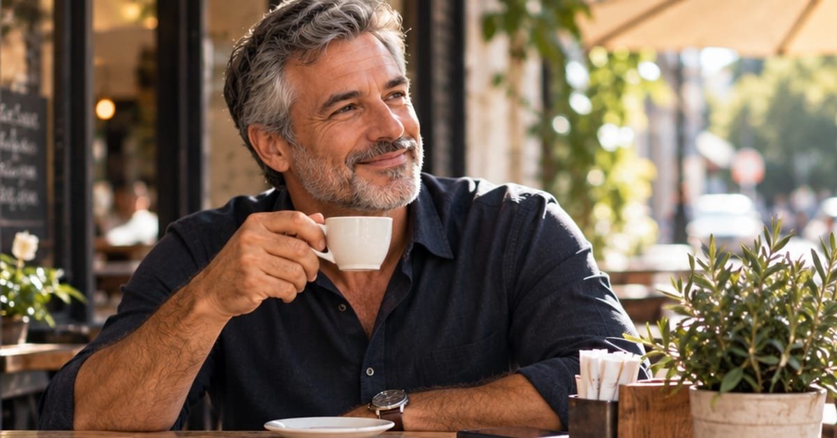 Homem sentado tomando café contemplando sua solitude