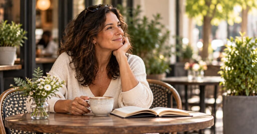 Mulher sozinha tomando seu café