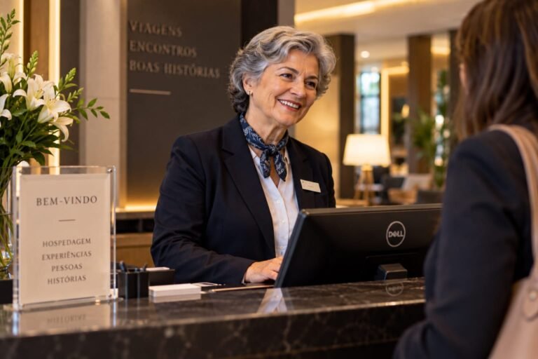 Mulher mais velha trabalhando como atendente na recepção de um hotel.