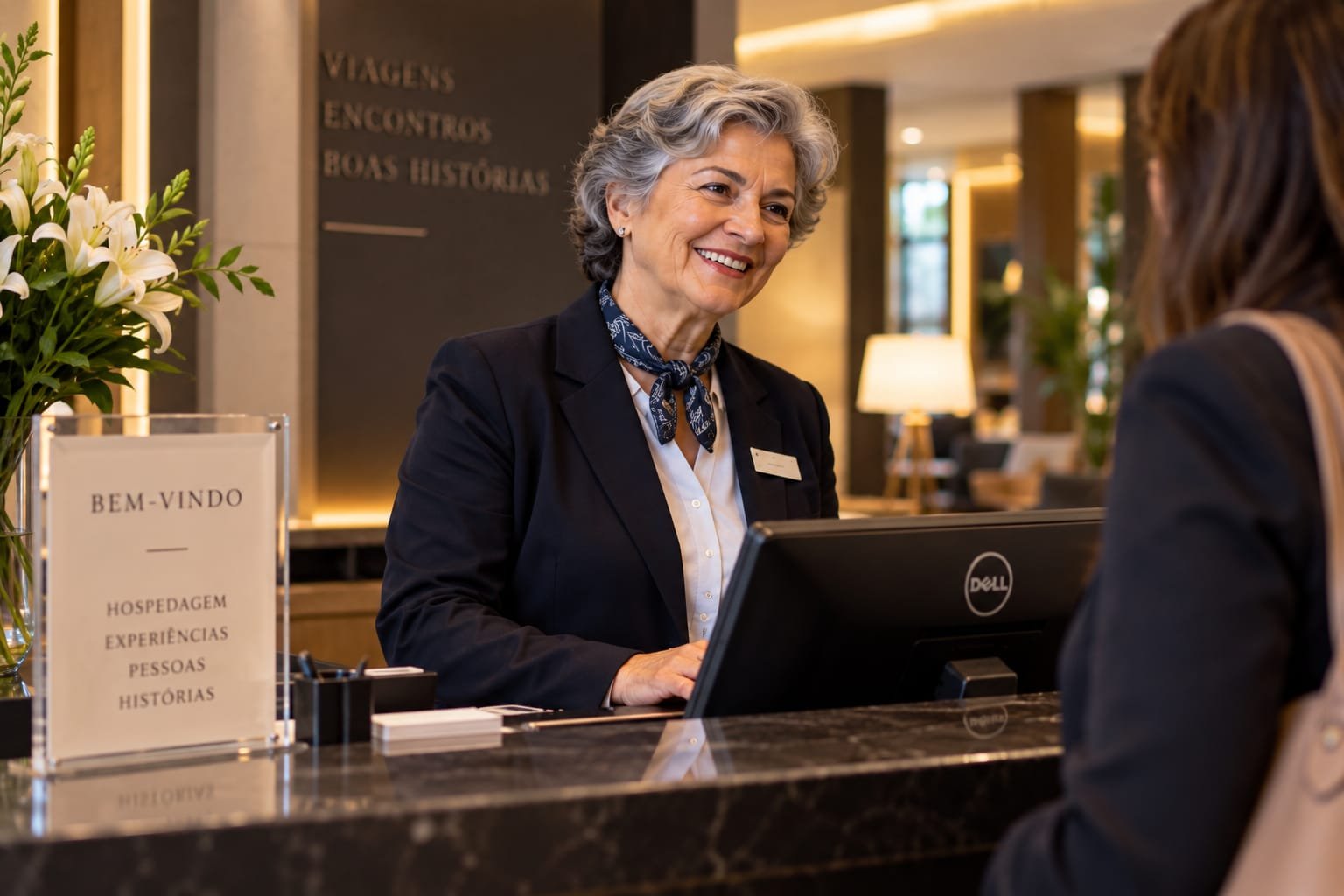 Mulher mais velha trabalhando como atendente na recepção de um hotel.