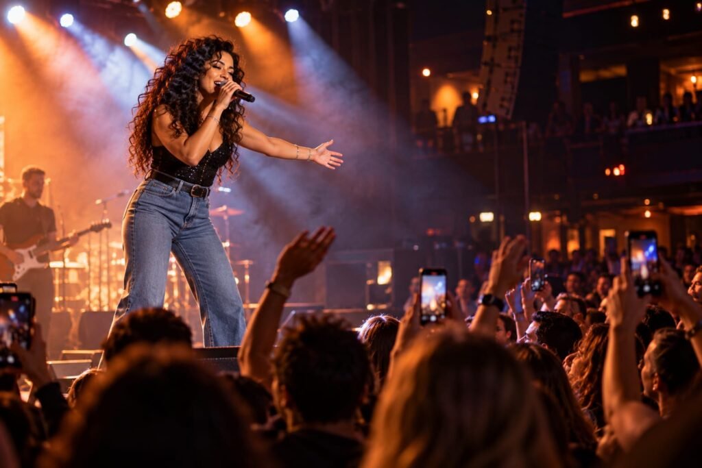 Uma mulher em um palco cantando