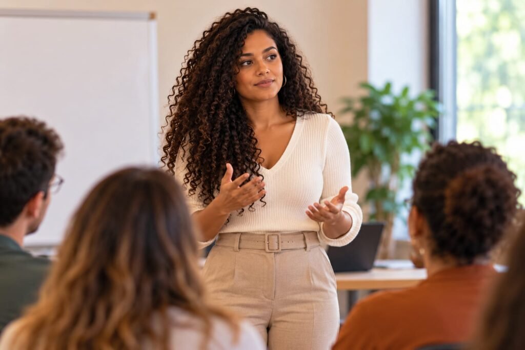 Mulher falando diante de um pequeno grupo durante uma apresentação.