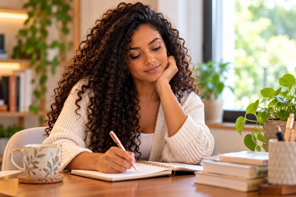 Mulher escrevendo em um caderno como forma de expressão e reflexão.
