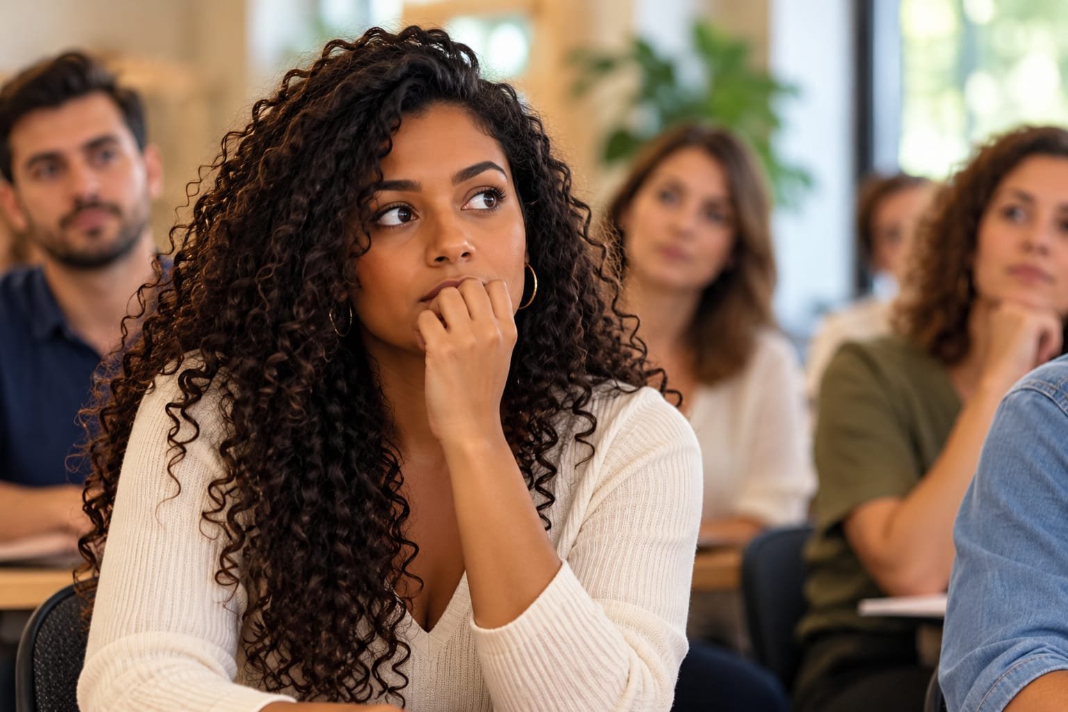 Mulher em sala de aula demonstrando insegurança diante da possibilidade de falar em público.