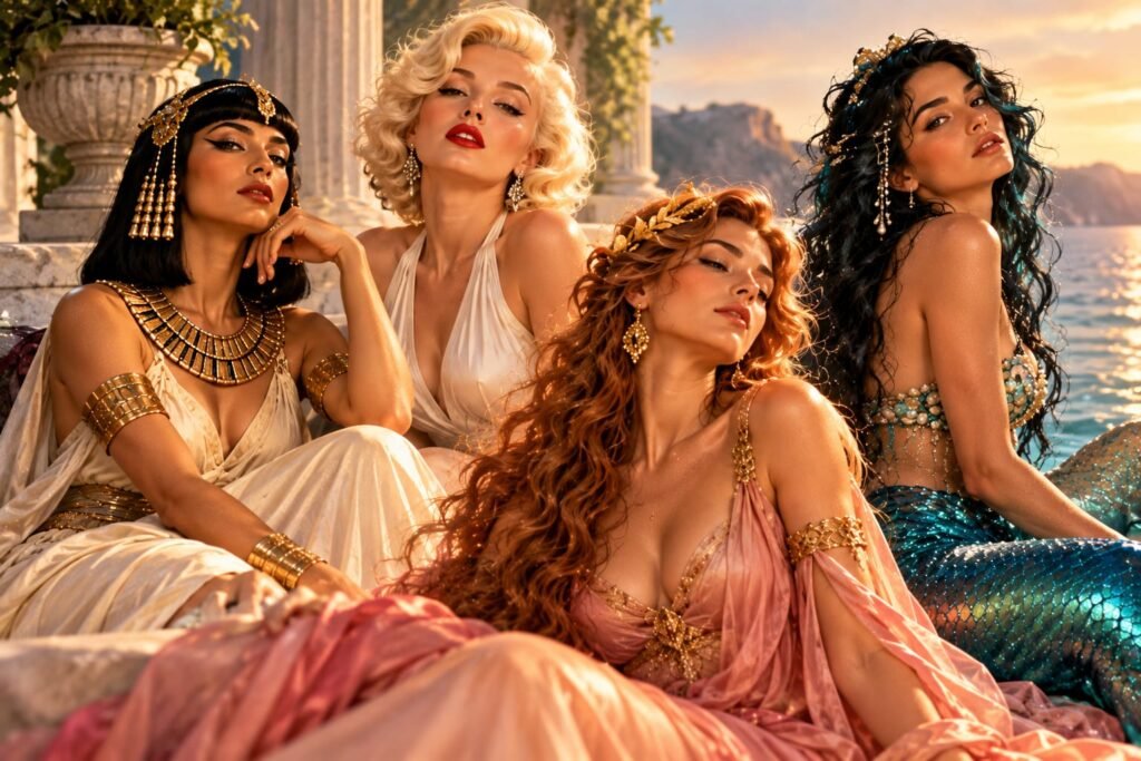 Cleópatra, Marilyn Monroe, Afrodite e Sereia representam formas distintas de poder, desejo, sensualidade e magnetismo — e cada uma também carrega suas próprias contradições.