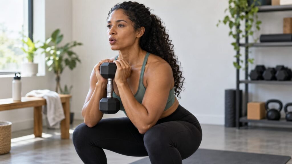 Mulher fazendo exercício com halter enquanto coordena o movimento com a respiração