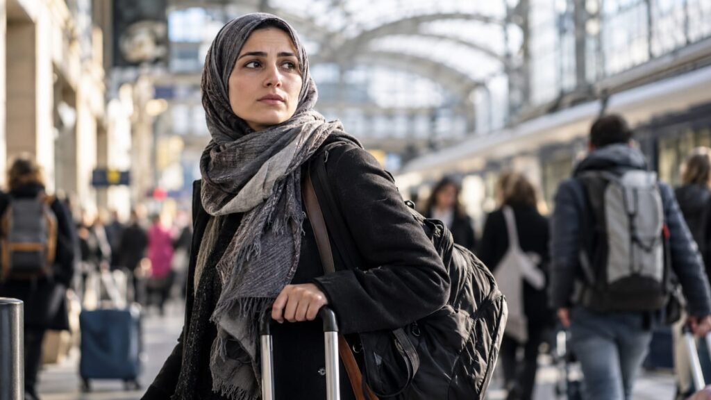 Mulher com lenço na cabeça, mochila e mala em estação movimentada, observando movimento de passageiros.