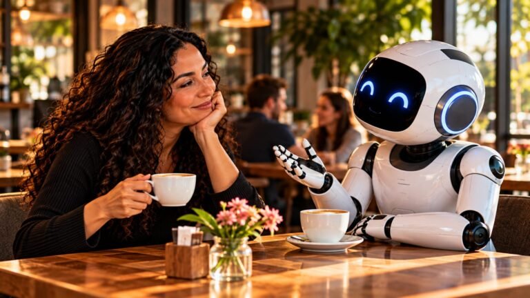 Mulher em um café sozinha utilizando inteligência artificial