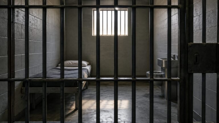 Interior de uma cela prisional vazia, representando a privação de liberdade no debate sobre maioridade penal.